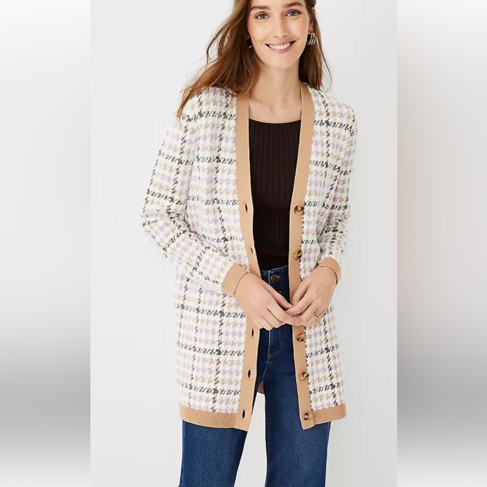 Ann Taylor small tan/ purple multi houndstooth boyfriend cardigan.